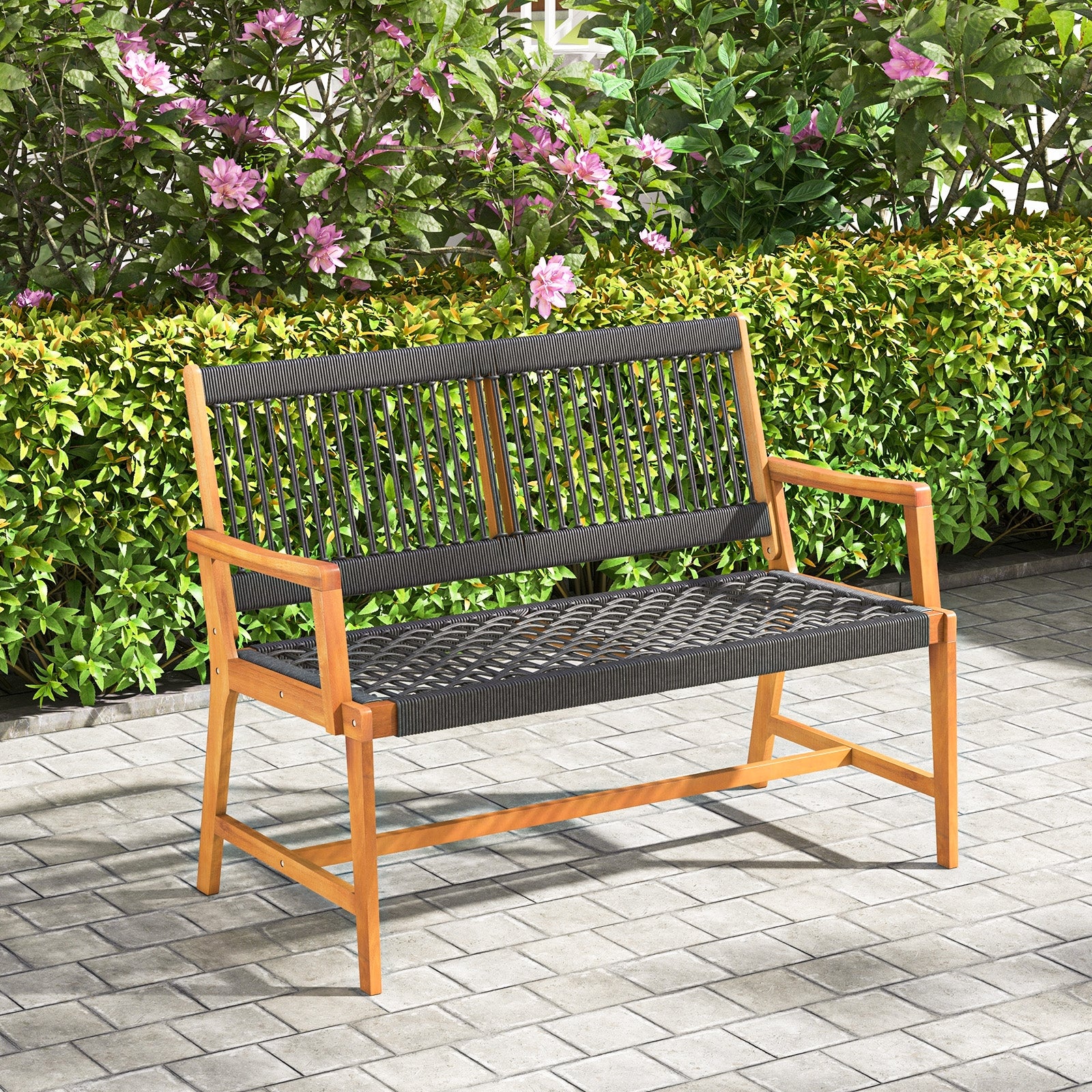 Outdoor Acacia Wood Bench With Backrest And Armrests Outdoor Benches at Gallery Canada
