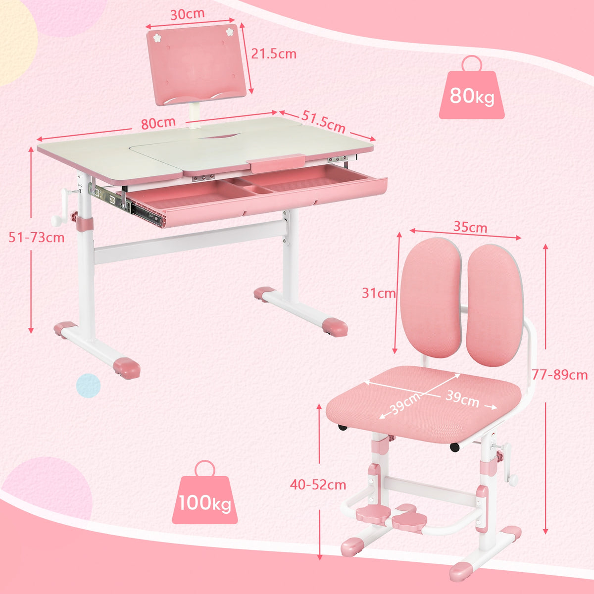 Height-Adjustable Kids Study Desk And Chair Set, Pink Kids Table & Chair Sets at Gallery Canada
