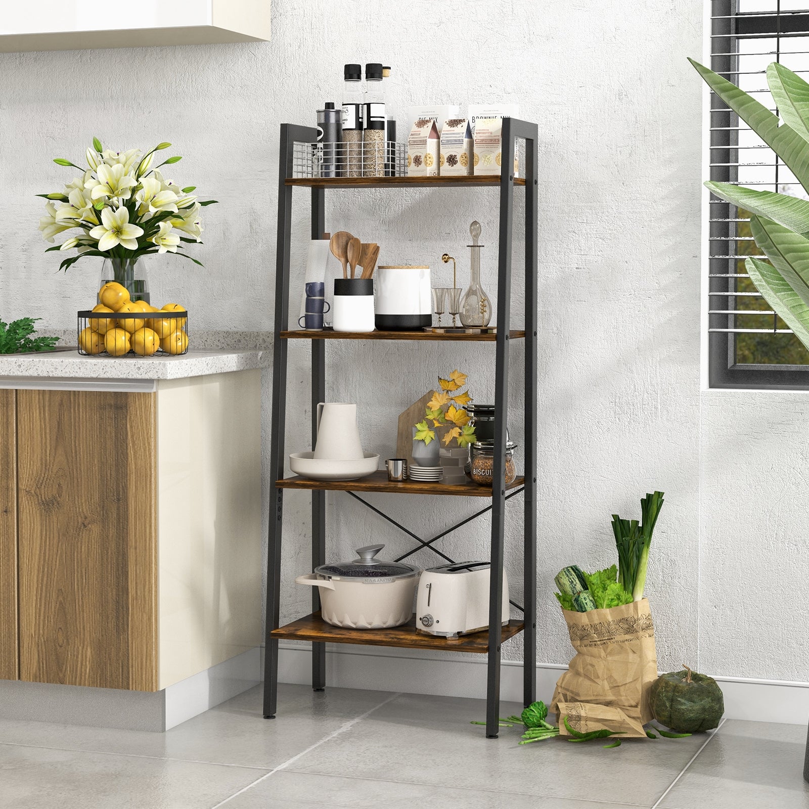 4-Tier Bookshelf, Metal Frame, Adjustable Foot Pads, Rustic Brown Bookcases at Gallery Canada