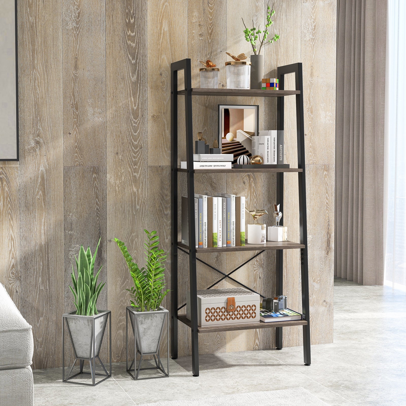 4-Tier Bookshelf, Metal Frame, Adjustable Foot Pads, Oak Bookcases at Gallery Canada