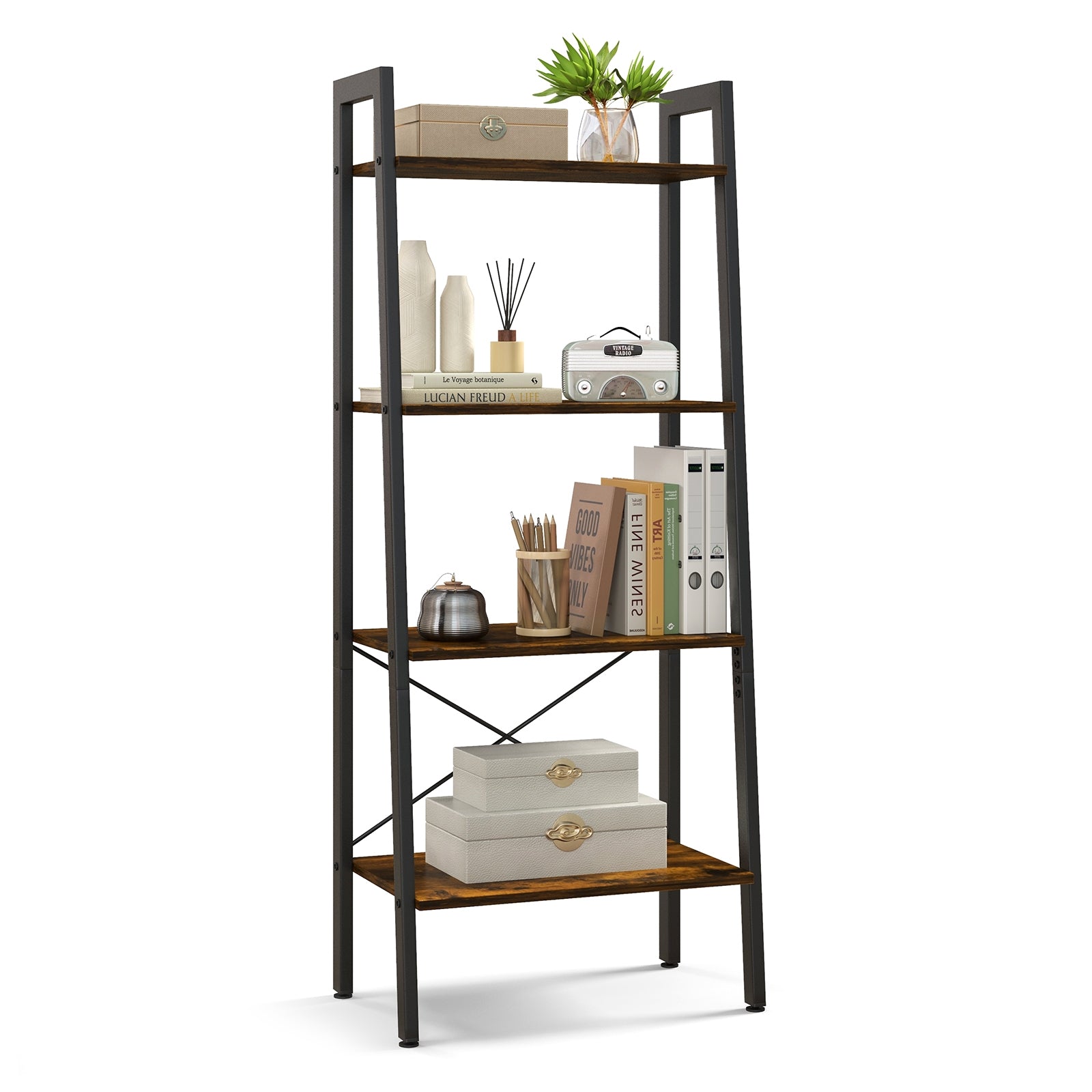 4-Tier Bookshelf, Metal Frame, Adjustable Foot Pads, Rustic Brown Bookcases at Gallery Canada