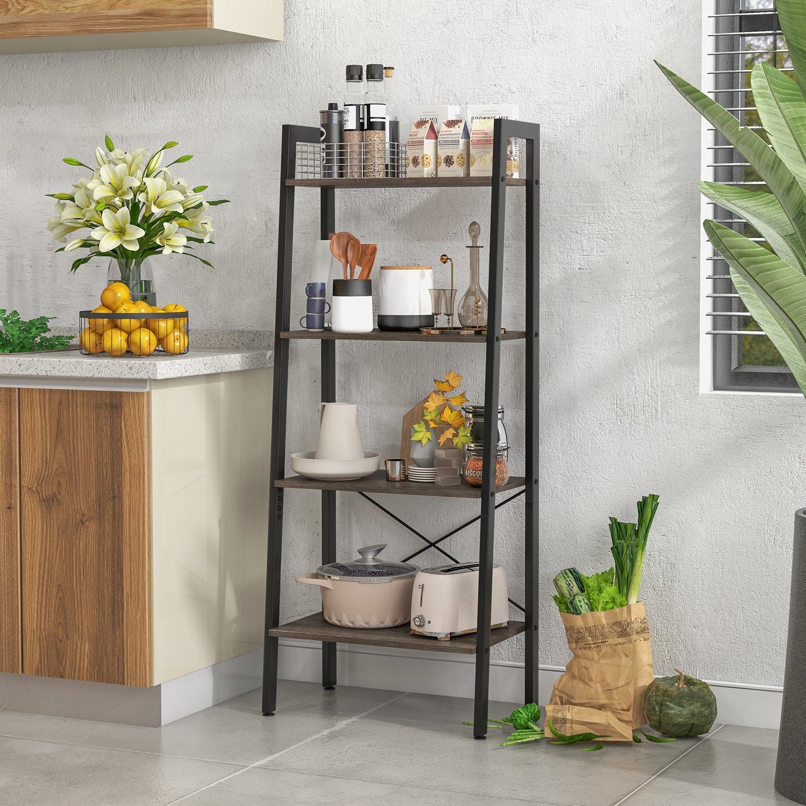 4-Tier Bookshelf, Metal Frame, Adjustable Foot Pads, Oak Bookcases at Gallery Canada