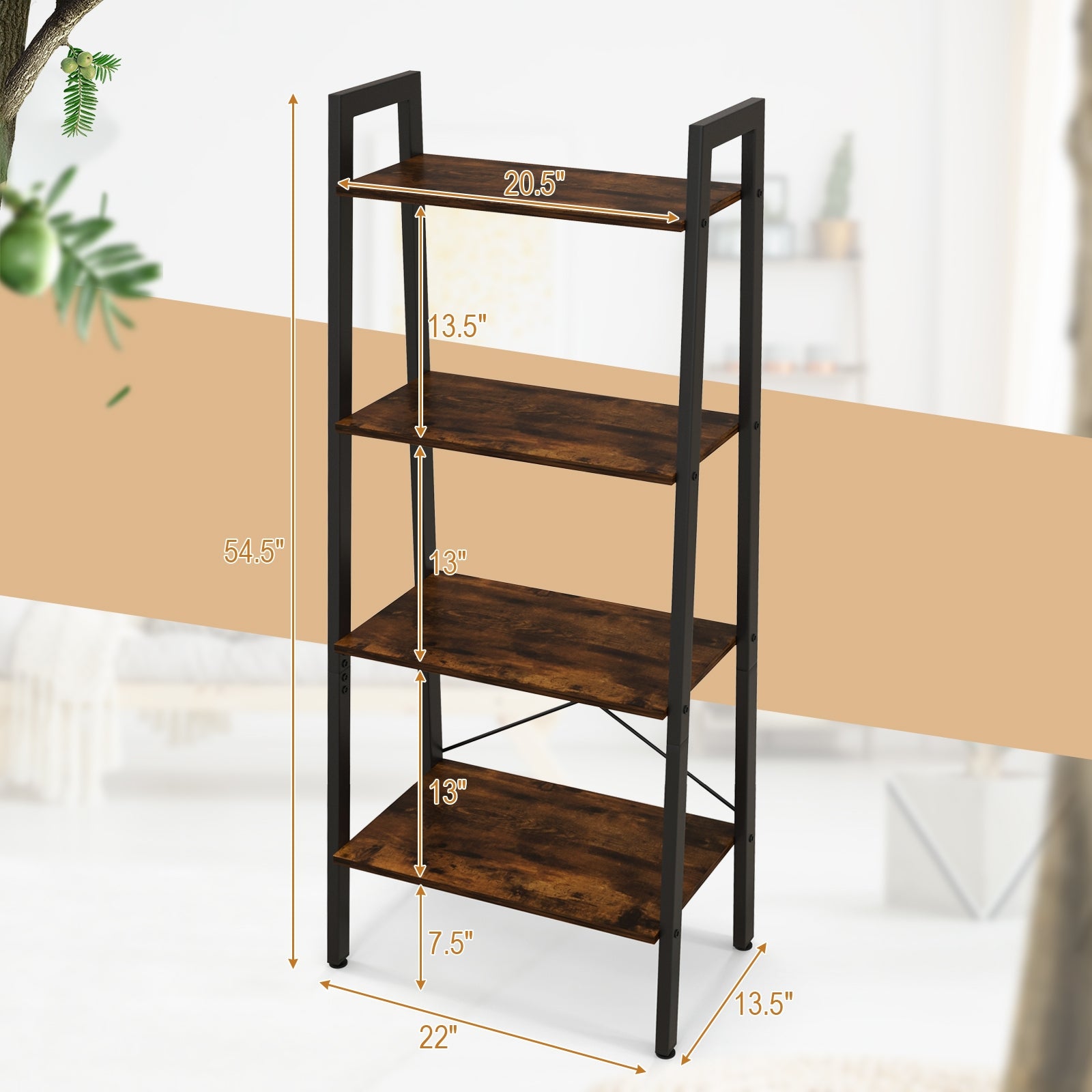 4-Tier Bookshelf, Metal Frame, Adjustable Foot Pads, Rustic Brown Bookcases at Gallery Canada