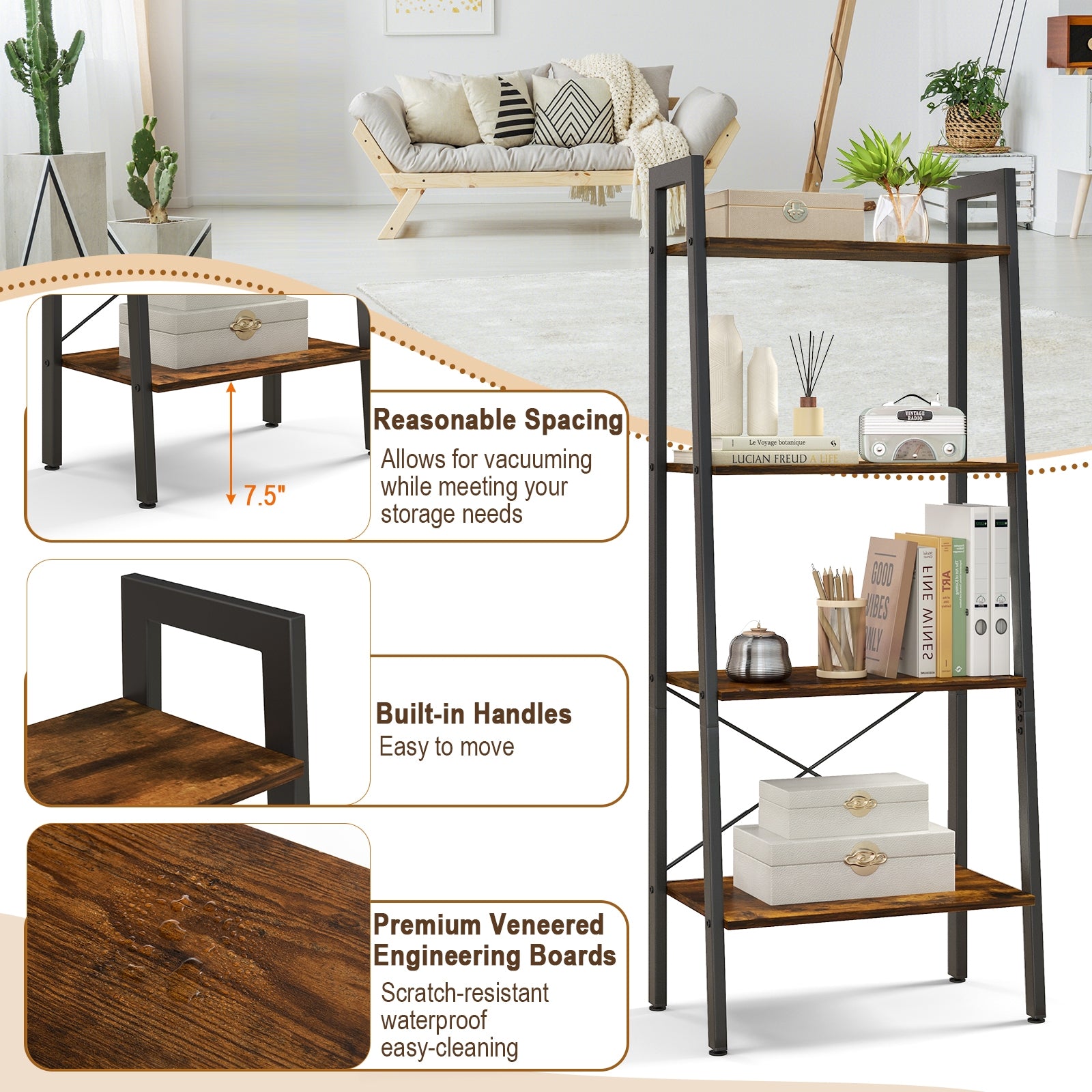 4-Tier Bookshelf, Metal Frame, Adjustable Foot Pads, Rustic Brown Bookcases at Gallery Canada