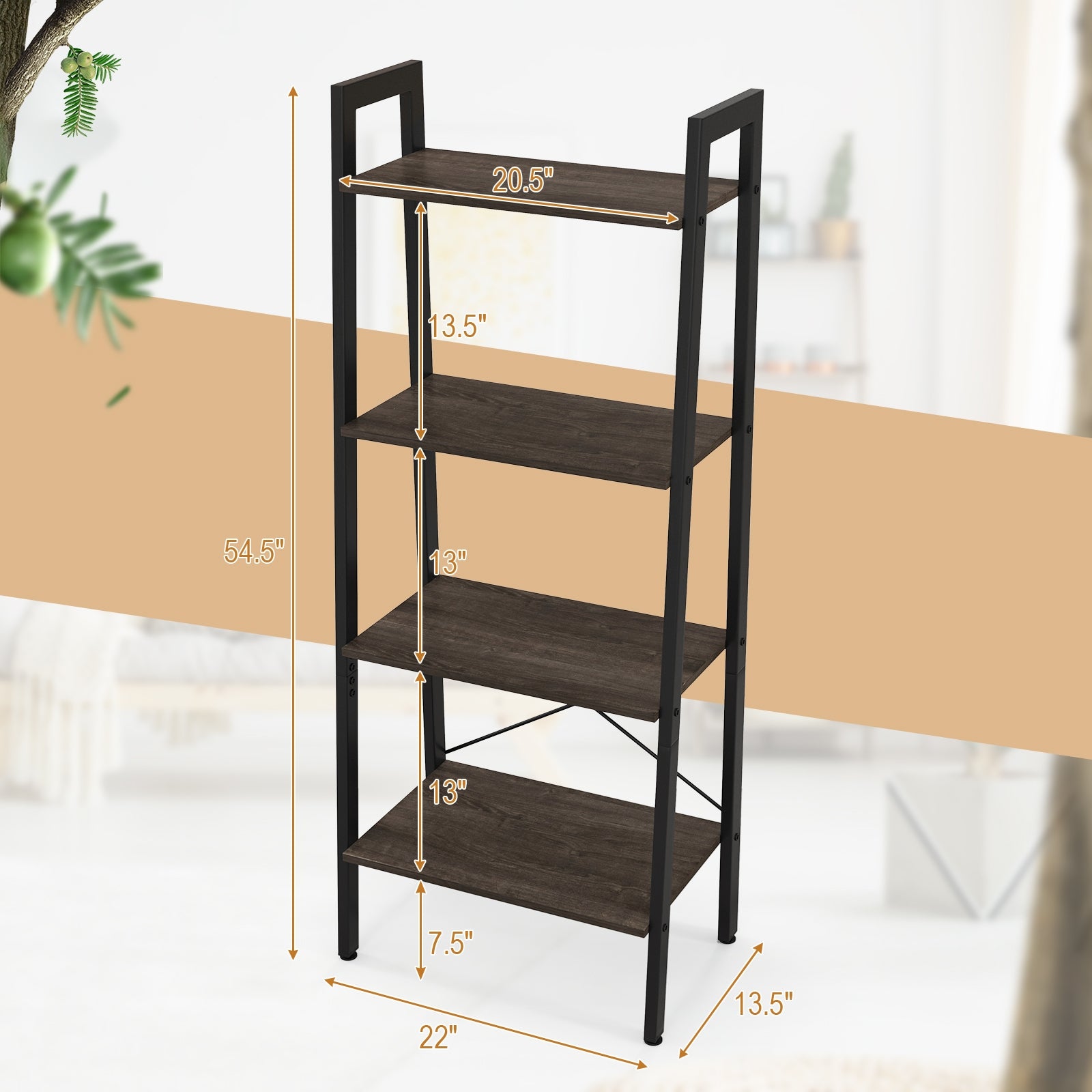 4-Tier Bookshelf, Metal Frame, Adjustable Foot Pads, Oak Bookcases at Gallery Canada