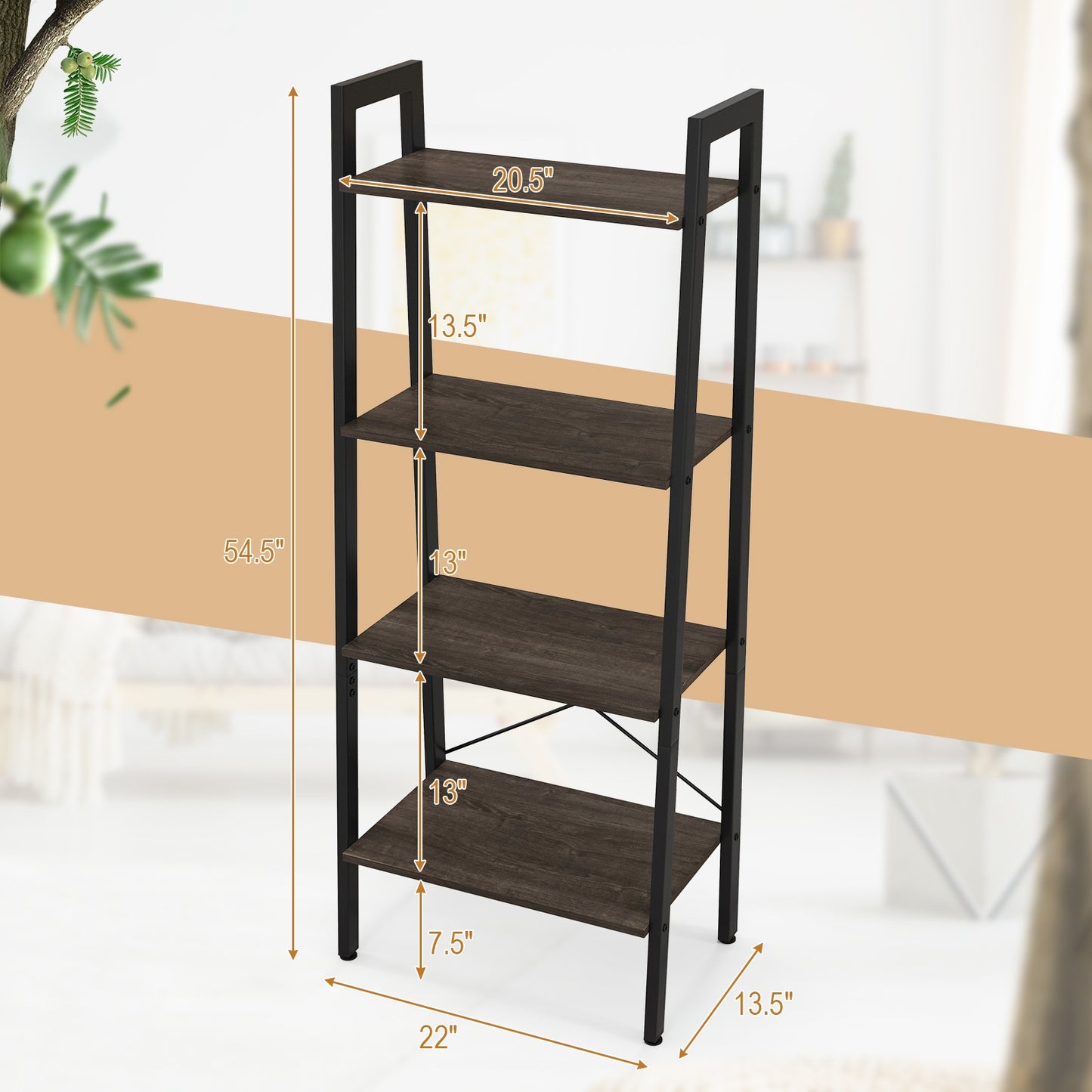 4-Tier Bookshelf, Metal Frame, Adjustable Foot Pads, Oak Bookcases at Gallery Canada