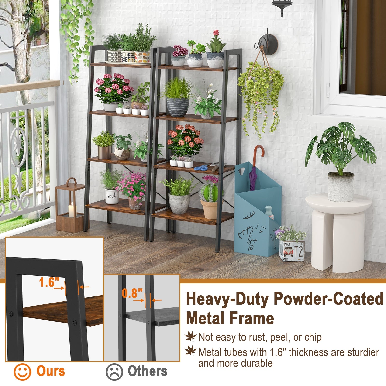 4-Tier Bookshelf, Metal Frame, Adjustable Foot Pads, Rustic Brown Bookcases at Gallery Canada