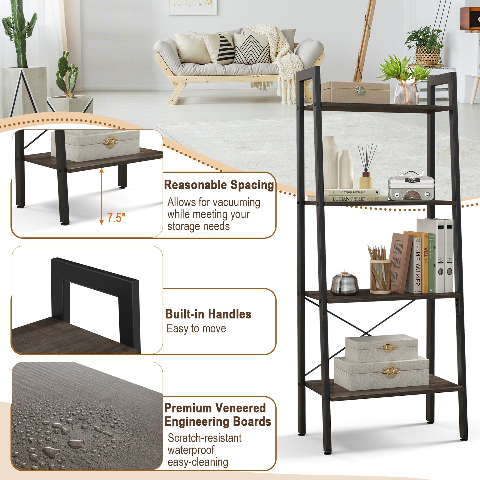 4-Tier Bookshelf, Metal Frame, Adjustable Foot Pads, Oak Bookcases at Gallery Canada