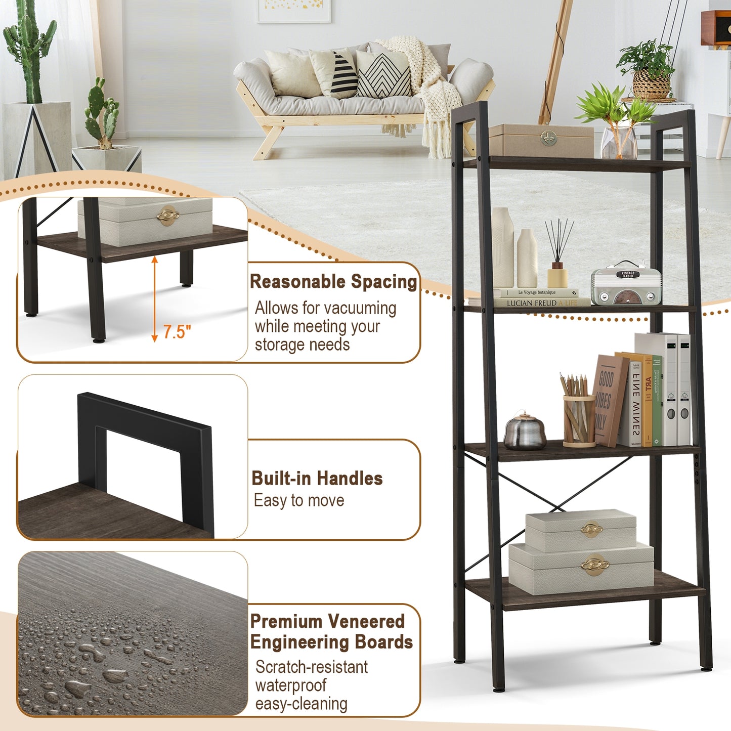 4-Tier Bookshelf, Metal Frame, Adjustable Foot Pads, Oak Bookcases at Gallery Canada
