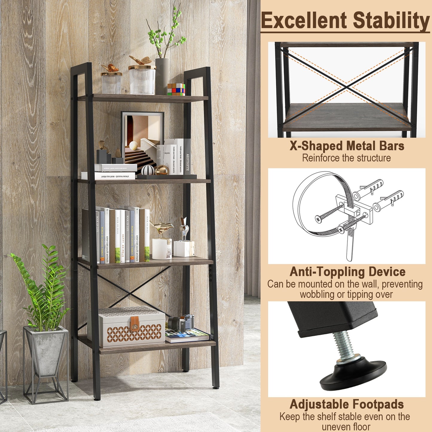 4-Tier Bookshelf, Metal Frame, Adjustable Foot Pads, Oak Bookcases at Gallery Canada