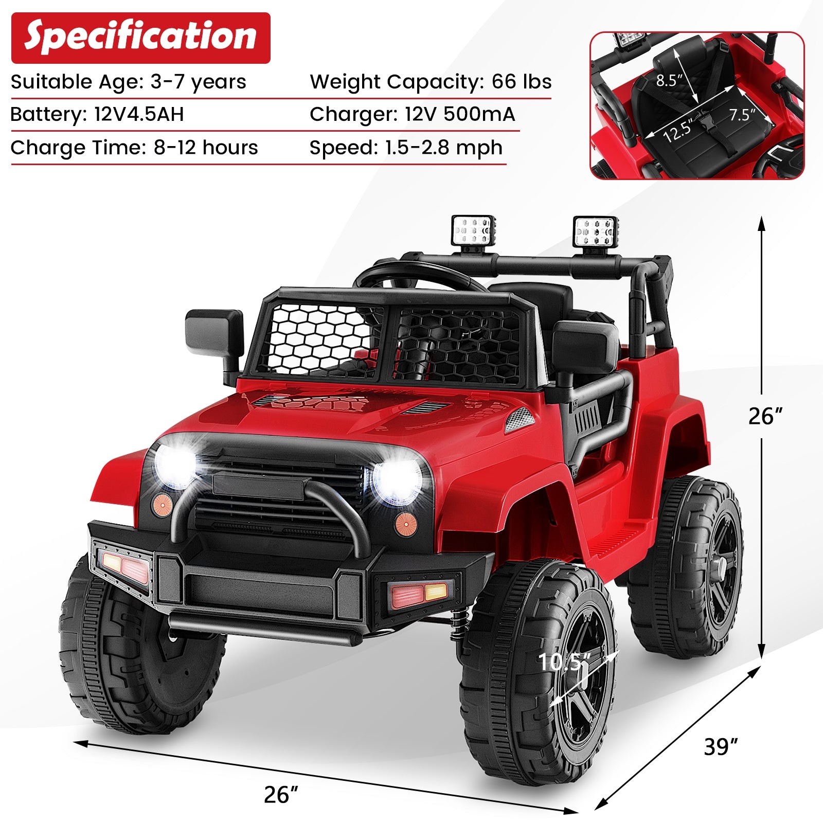 Kids Ride On Truck, 12V, Remote Control, Headlights, Red Powered Ride On Toys at Gallery Canada