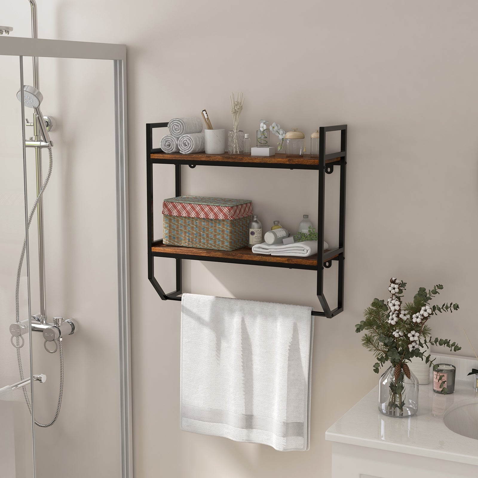 Wall Mounted Over Toilet Shelf, Metal Frame, Black Towel Racks at Gallery Canada