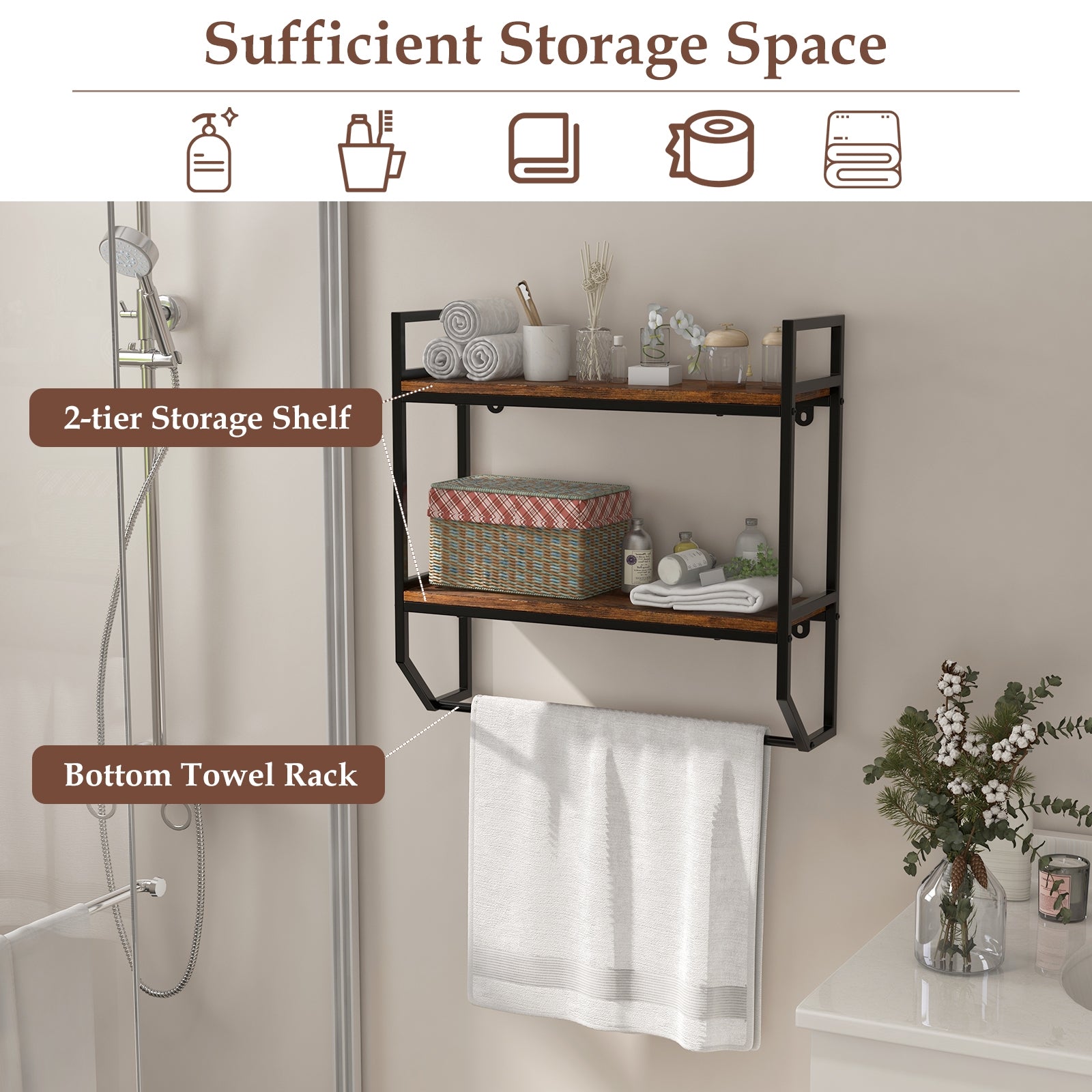 Wall Mounted Over Toilet Shelf, Metal Frame, Black Towel Racks at Gallery Canada