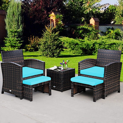 Patio Rattan Furniture Set, 5 Pieces, Ottoman, Tempered Glass Table, Turquoise Outdoor Seating & Patio Chairs at Gallery Canada