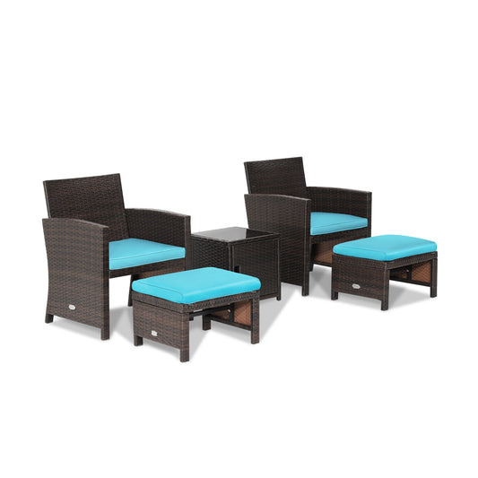 Patio Rattan Furniture Set, 5 Pieces, Ottoman, Tempered Glass Table, Turquoise Outdoor Seating & Patio Chairs Turquoise at Gallery Canada