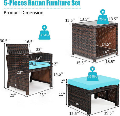 Patio Rattan Furniture Set, 5 Pieces, Ottoman, Tempered Glass Table, Turquoise Outdoor Seating & Patio Chairs at Gallery Canada