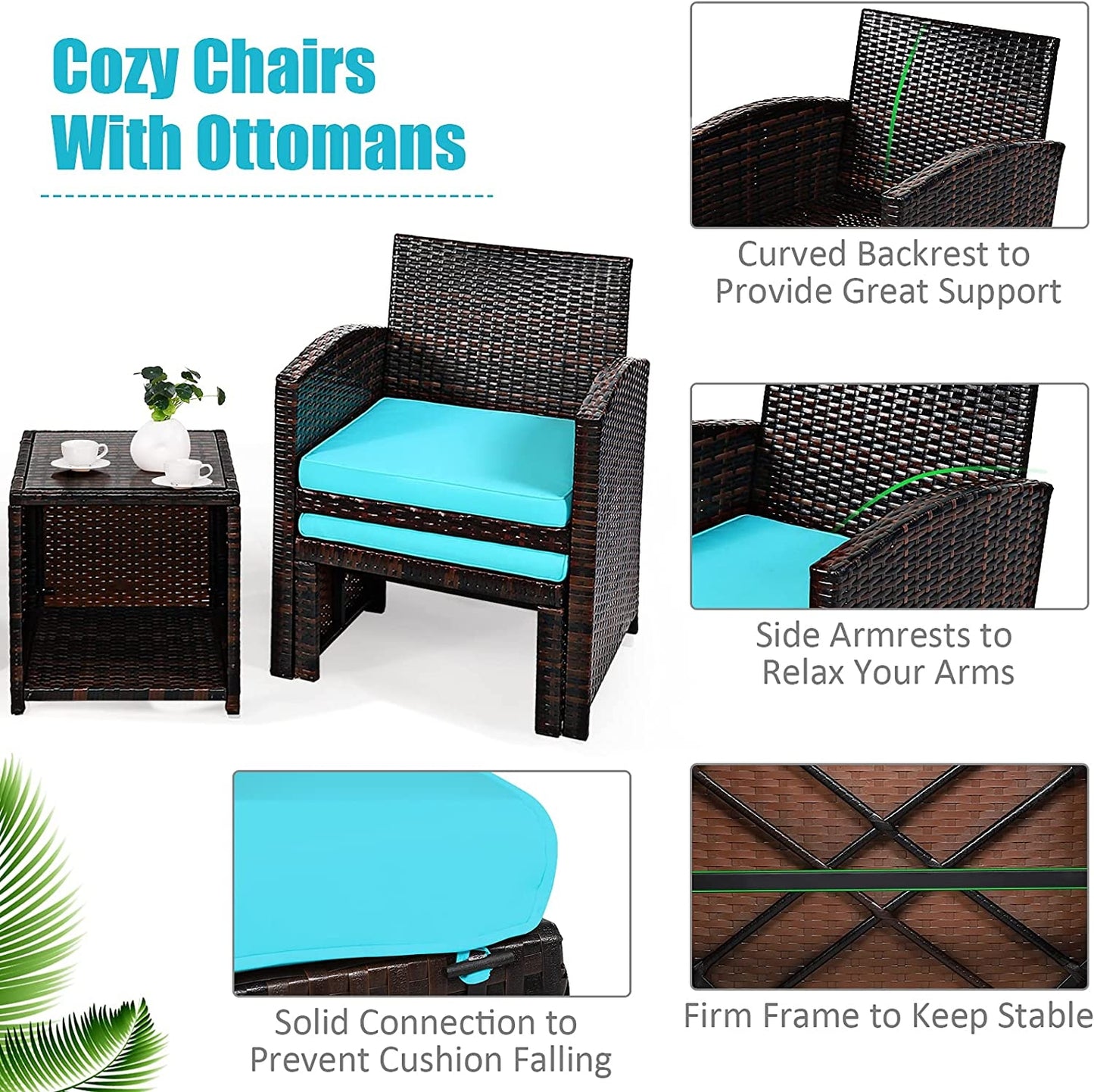 Patio Rattan Furniture Set, 5 Pieces, Ottoman, Tempered Glass Table, Turquoise Outdoor Seating & Patio Chairs at Gallery Canada