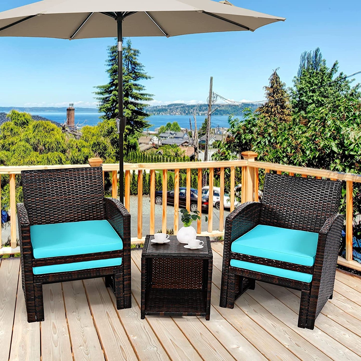 Patio Rattan Furniture Set, 5 Pieces, Ottoman, Tempered Glass Table, Turquoise Outdoor Seating & Patio Chairs at Gallery Canada