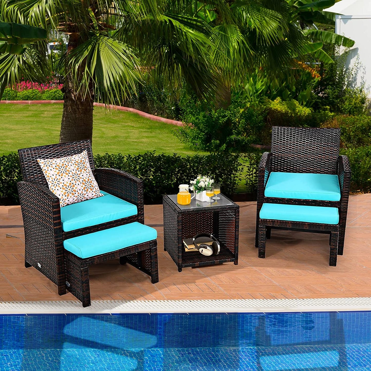 Patio Rattan Furniture Set, 5 Pieces, Ottoman, Tempered Glass Table, Turquoise Outdoor Seating & Patio Chairs at Gallery Canada