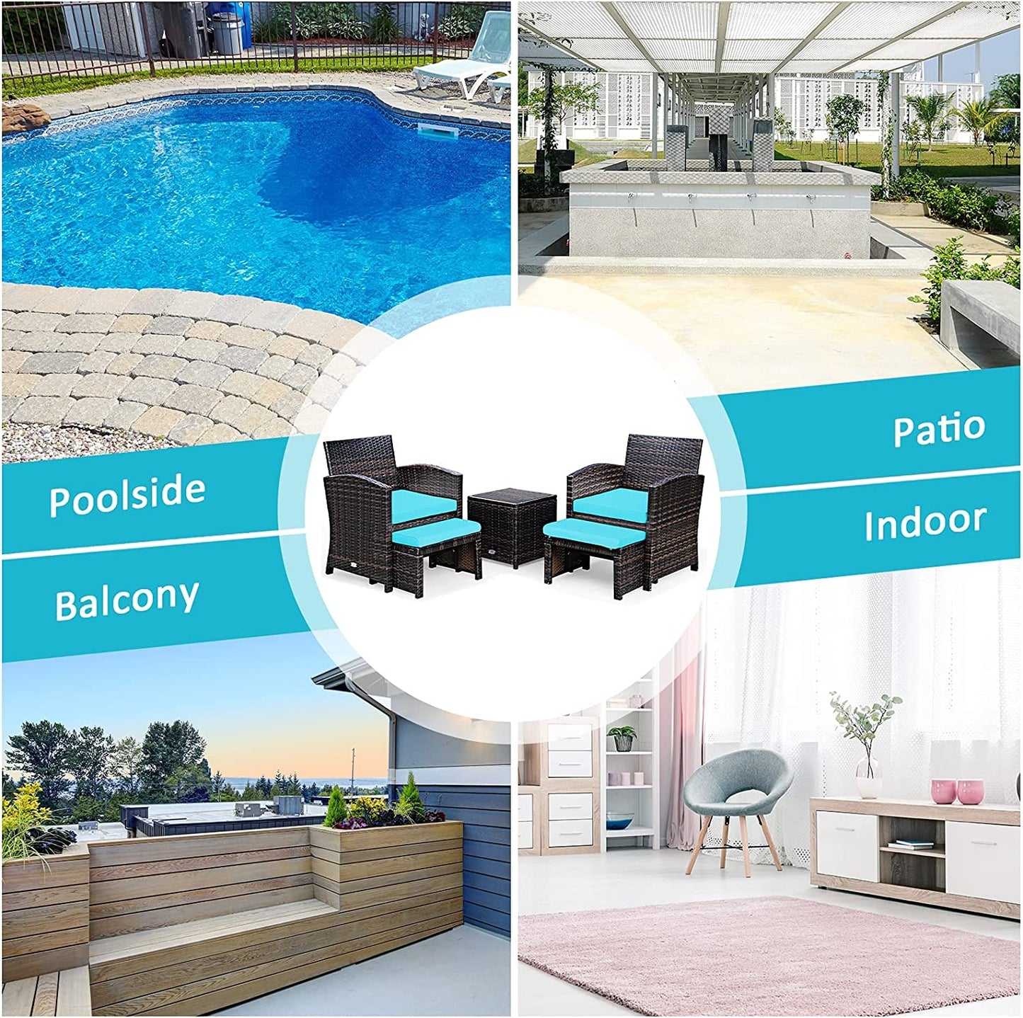 Patio Rattan Furniture Set, 5 Pieces, Ottoman, Tempered Glass Table, Turquoise Outdoor Seating & Patio Chairs at Gallery Canada