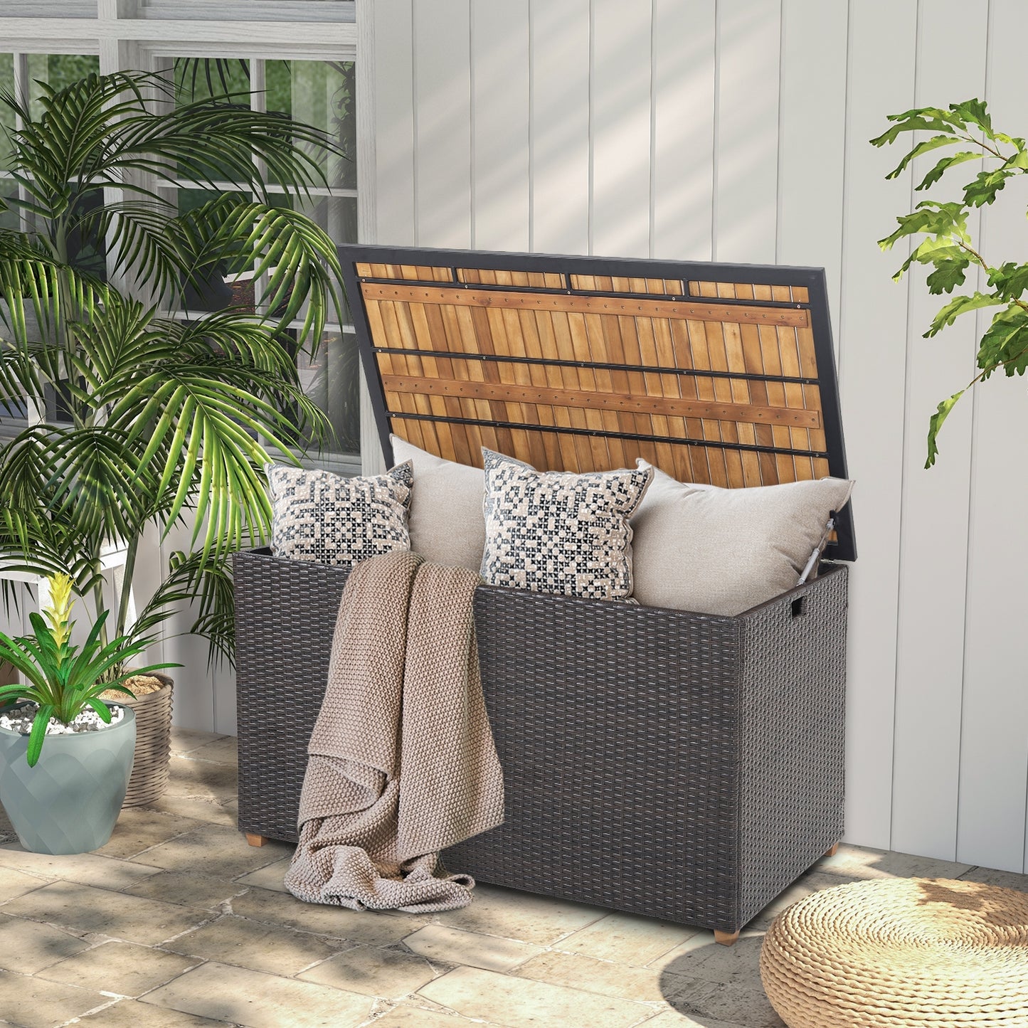 Rattan Storage Box, 134 Gallon, Zippered Liner, Acacia Wood Top, Brown Sheds & Outdoor Storage at Gallery Canada