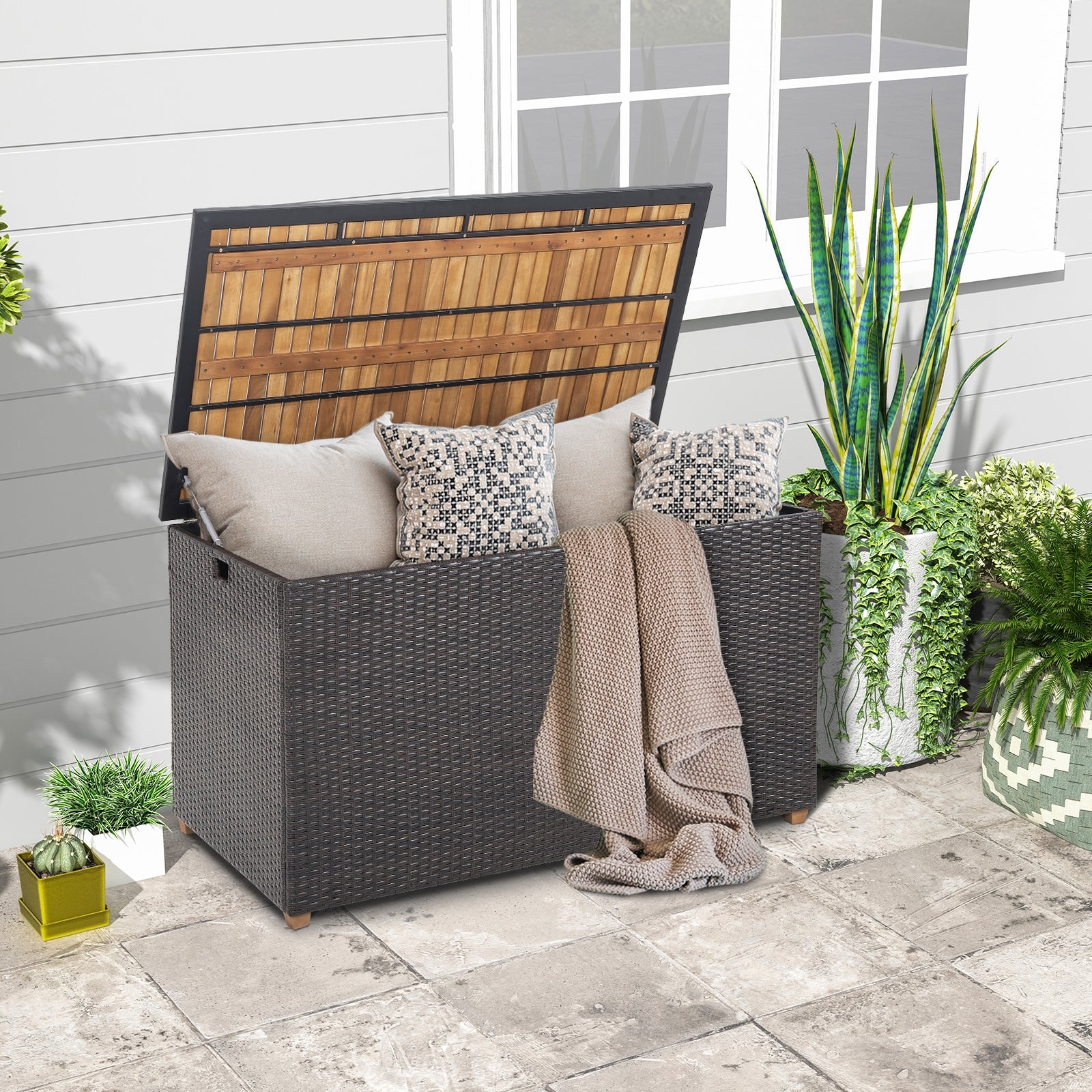 Rattan Storage Box, 134 Gallon, Zippered Liner, Acacia Wood Top, Brown Sheds & Outdoor Storage at Gallery Canada