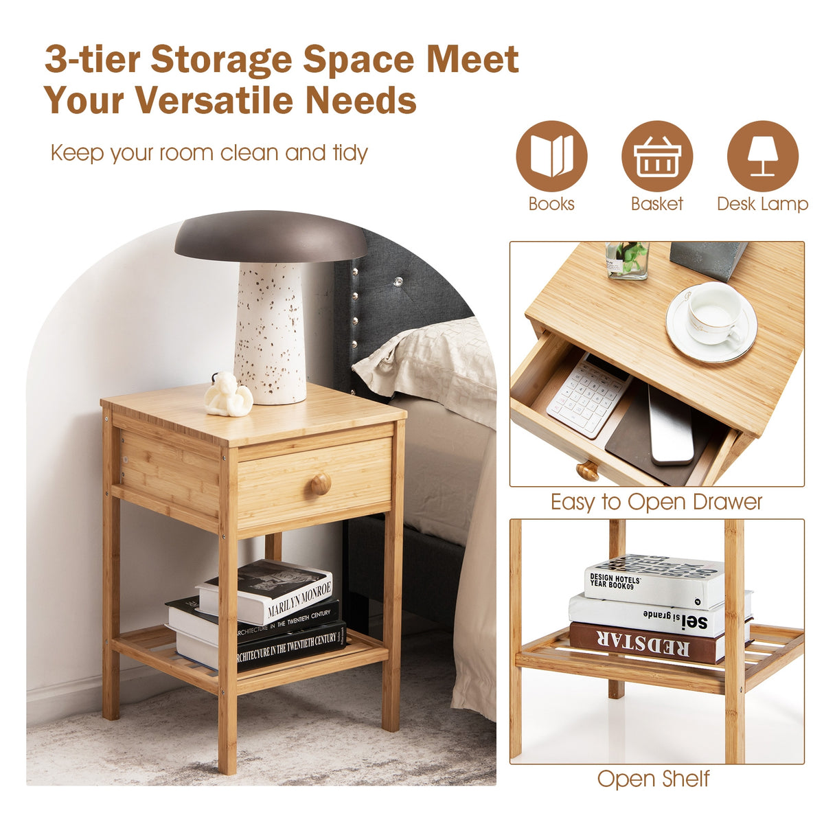Bamboo End Tables, Set of 2, With Drawer and Open Shelf, Natural Nightstands at Gallery Canada