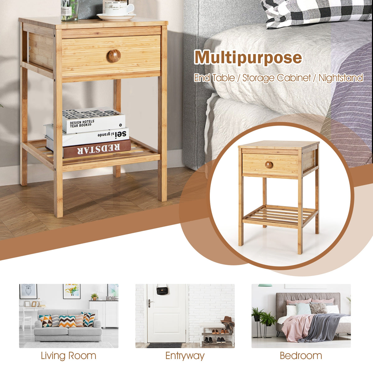 Bamboo End Tables, Set of 2, With Drawer and Open Shelf, Natural Nightstands at Gallery Canada