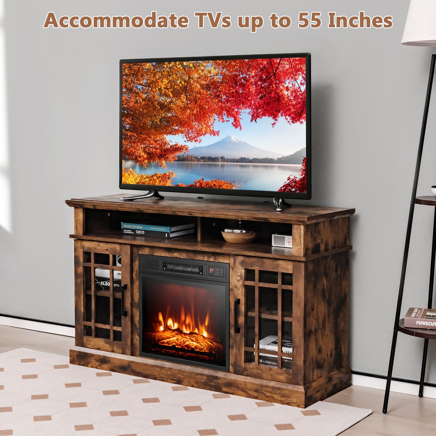 48 Inch Electric Fireplace TV Stand, For TVs Up To 55 Inch, Brown Entertainment Centers & TV Stands at Gallery Canada