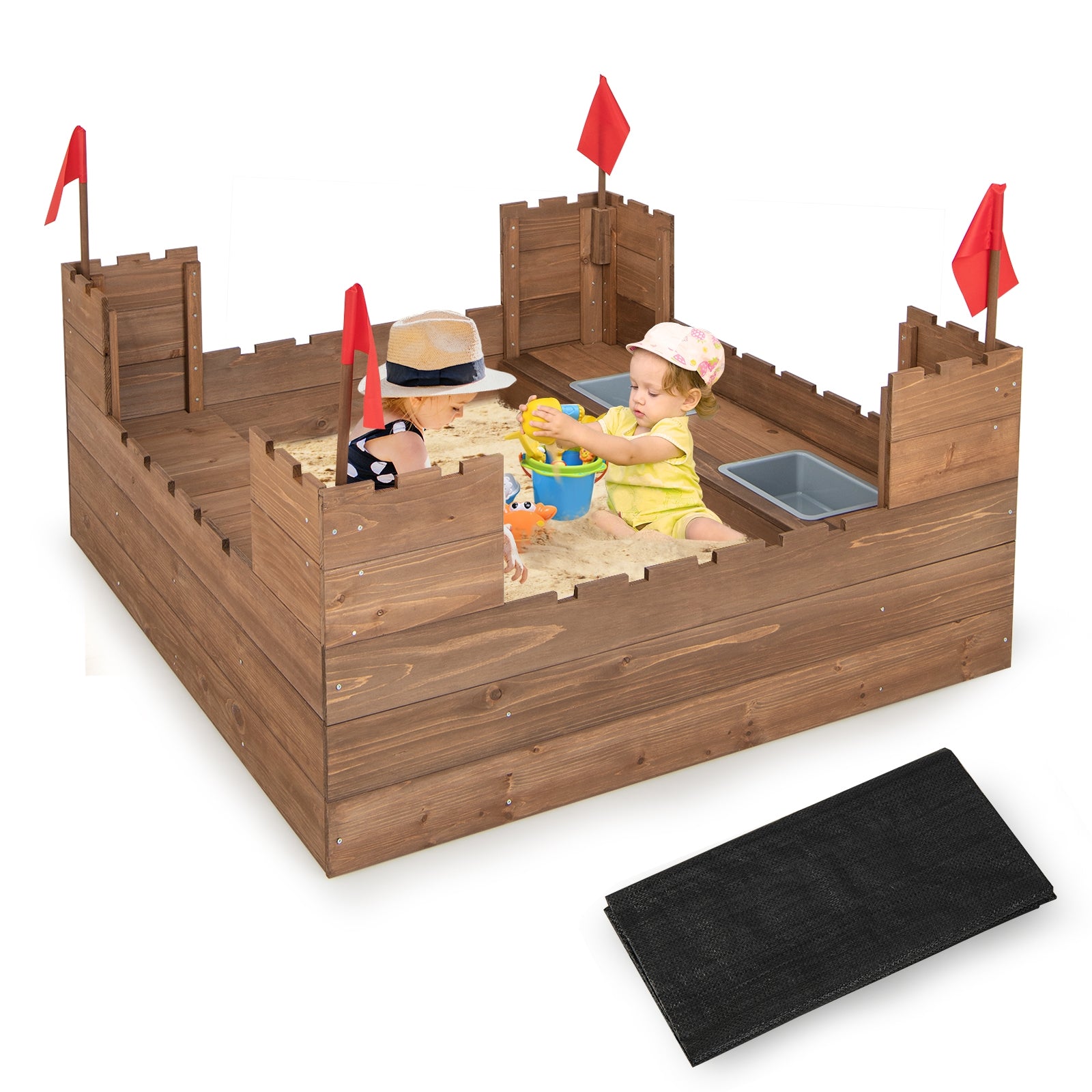 Kids Wooden Sandbox With Bottom Liner, Natural, Red Sandboxes at Gallery Canada
