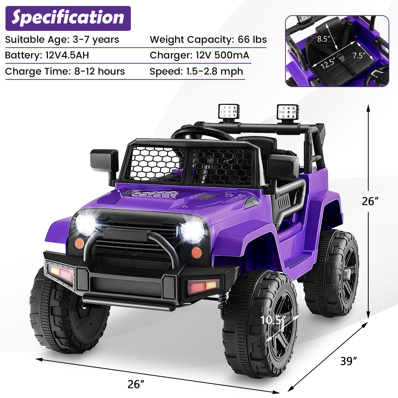 12V Kids Ride On Truck, Remote Control, Headlights, Purple Powered Ride On Toys at Gallery Canada