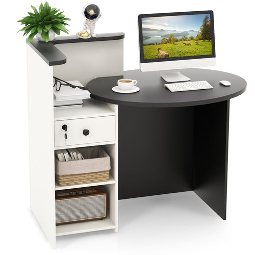 Front Reception Office Desk, Adjustable Shelf, Lockable Drawer, White, Black