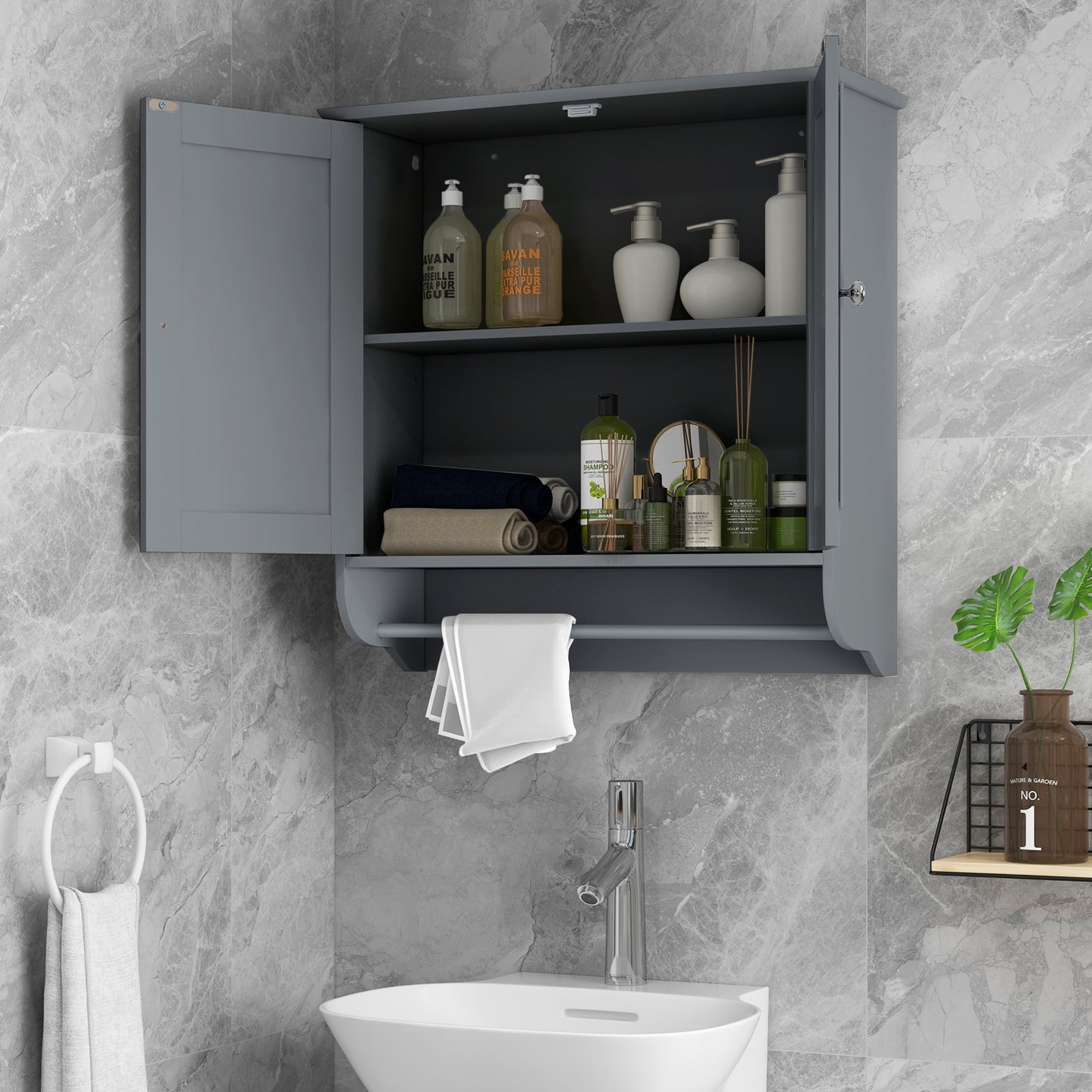 Wall Mounted Bathroom Storage Medicine Cabinet with Towel Bar, Gray Wall Cabinets at Gallery Canada