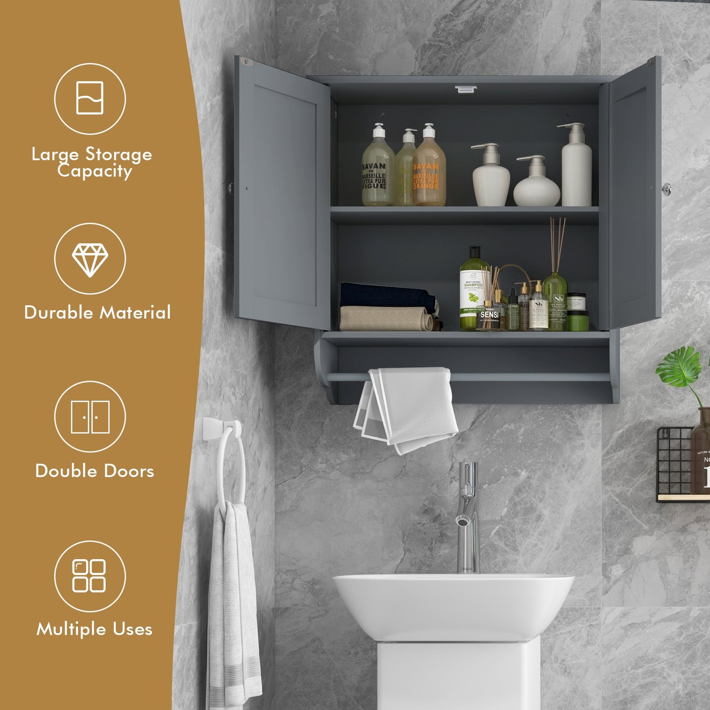 Wall Mounted Bathroom Storage Medicine Cabinet with Towel Bar, Gray Wall Cabinets at Gallery Canada
