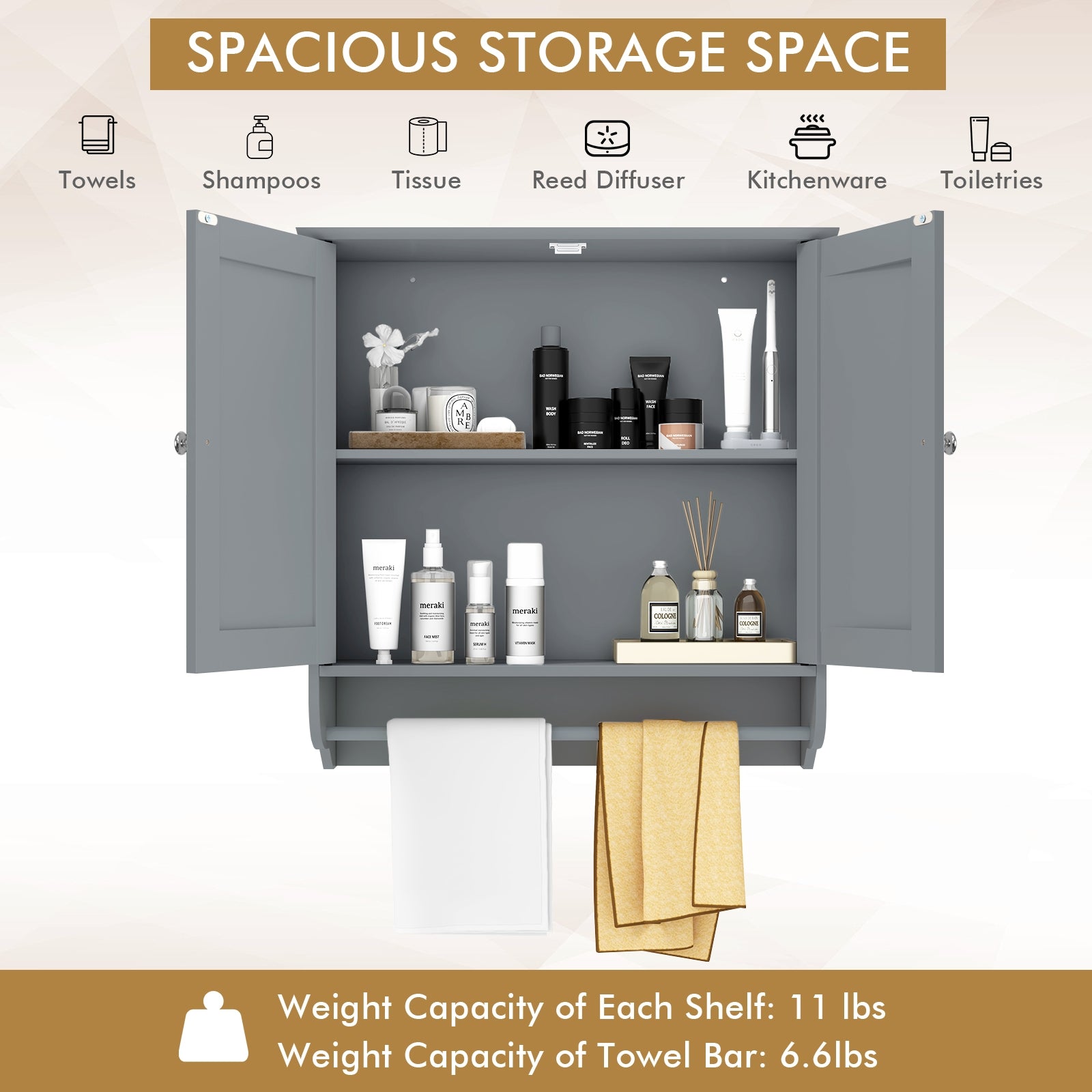 Wall Mounted Bathroom Storage Medicine Cabinet with Towel Bar, Gray Wall Cabinets at Gallery Canada
