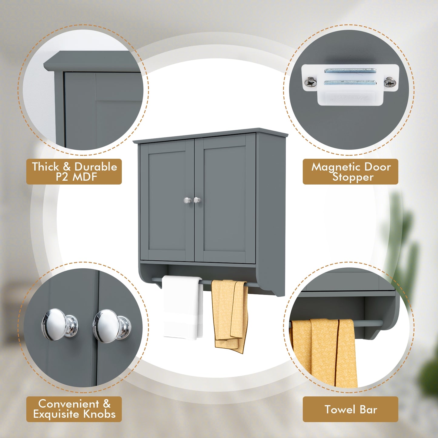 Wall Mounted Bathroom Storage Medicine Cabinet with Towel Bar, Gray Wall Cabinets at Gallery Canada