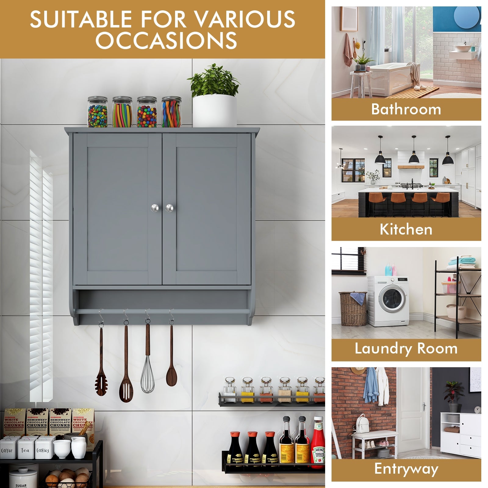 Wall Mounted Bathroom Storage Medicine Cabinet with Towel Bar, Gray Wall Cabinets at Gallery Canada