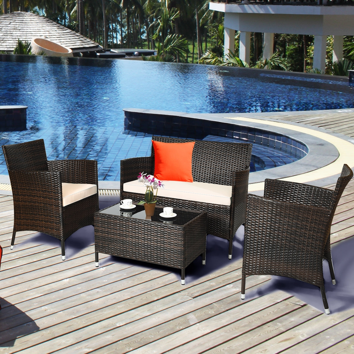 4 Piece Outdoor Rattan Sofa Set, Glass Coffee Table, Gray, Beige Patio Conversation Sets at Gallery Canada