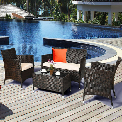 4 Piece Outdoor Rattan Sofa Set, Glass Coffee Table, Gray, Beige Patio Conversation Sets at Gallery Canada