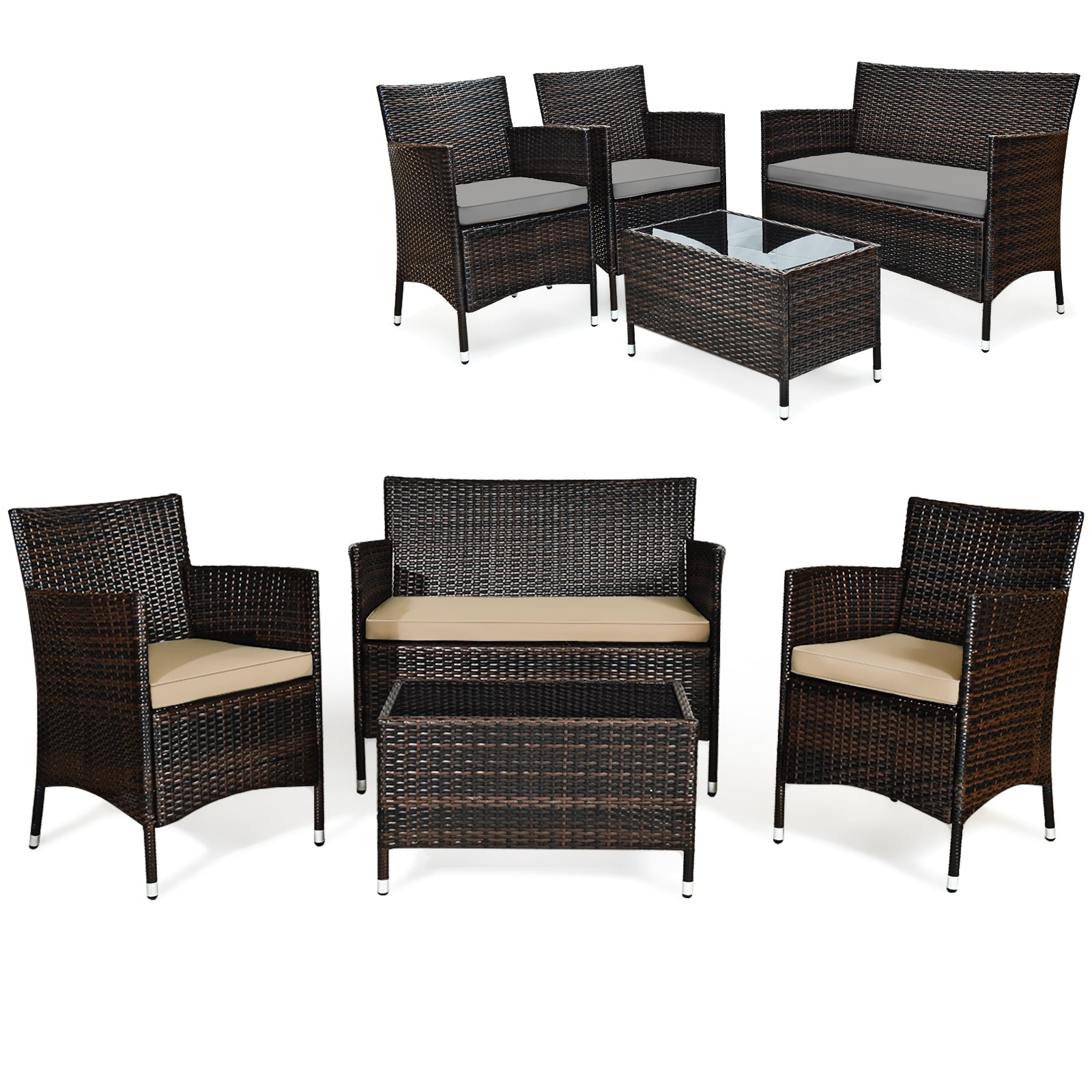 4 Piece Outdoor Rattan Sofa Set, Glass Coffee Table, Gray, Beige Patio Conversation Sets Beige & Gray at Gallery Canada
