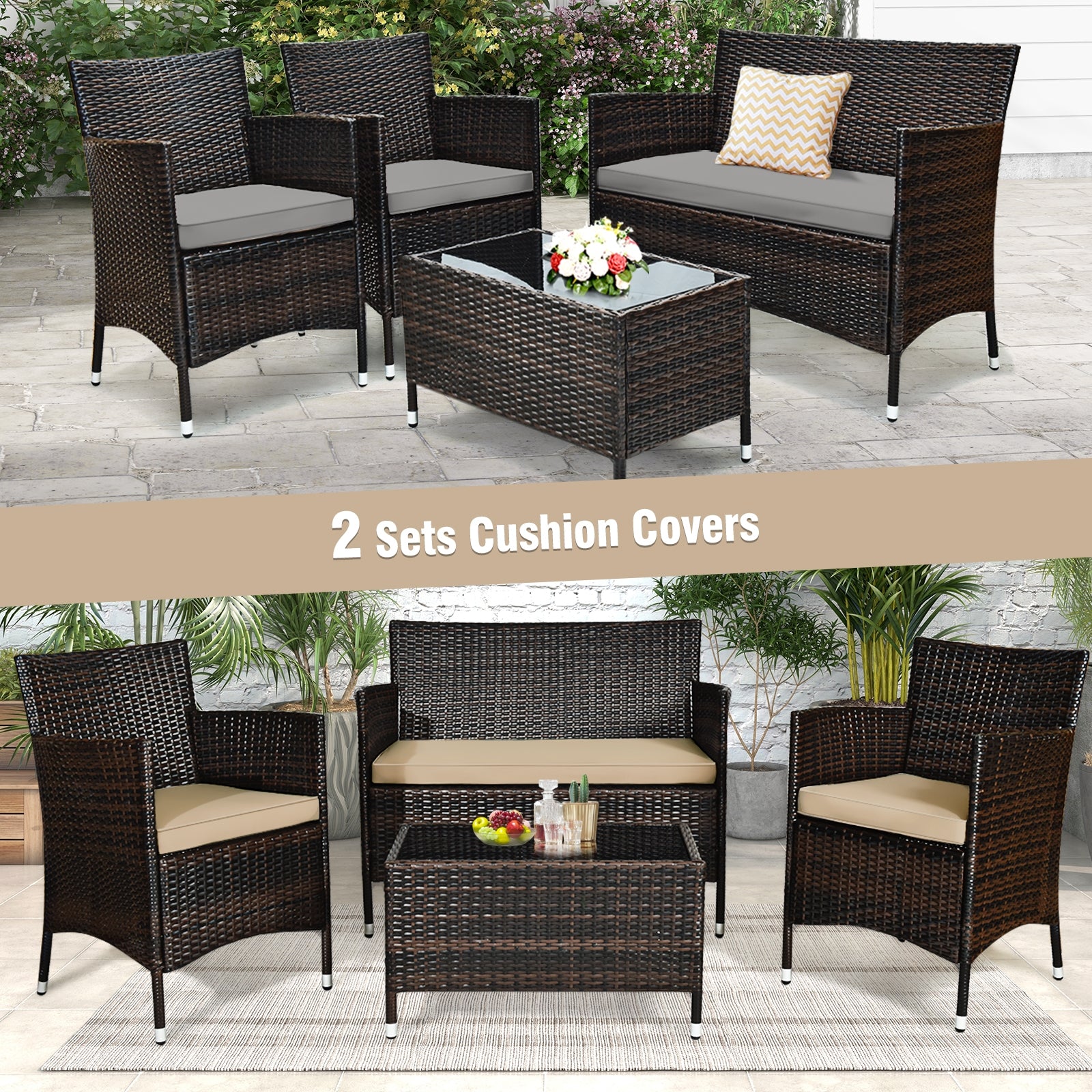 4 Piece Outdoor Rattan Sofa Set, Glass Coffee Table, Gray, Beige Patio Conversation Sets at Gallery Canada
