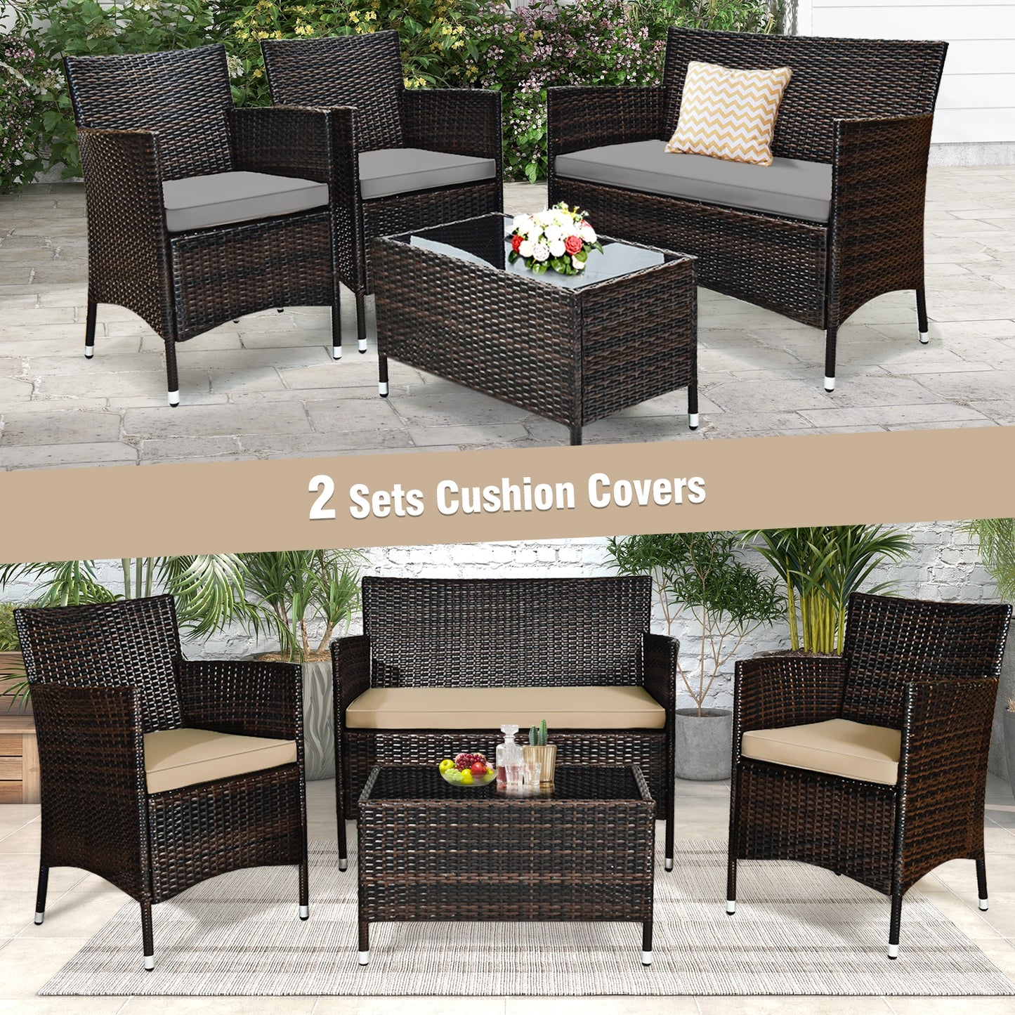 4 Piece Outdoor Rattan Sofa Set, Glass Coffee Table, Gray, Beige Patio Conversation Sets at Gallery Canada