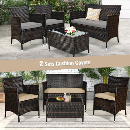 4 Piece Outdoor Rattan Sofa Set, Glass Coffee Table, Gray, Beige Patio Conversation Sets at Gallery Canada