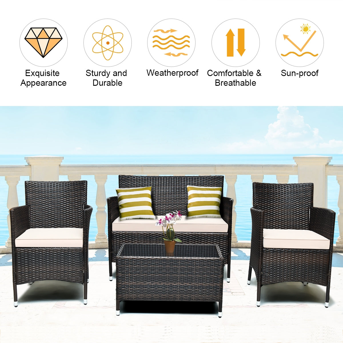 4 Piece Outdoor Rattan Sofa Set, Glass Coffee Table, Gray, Beige Patio Conversation Sets at Gallery Canada
