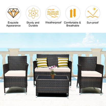 4 Piece Outdoor Rattan Sofa Set, Glass Coffee Table, Gray, Beige Patio Conversation Sets at Gallery Canada
