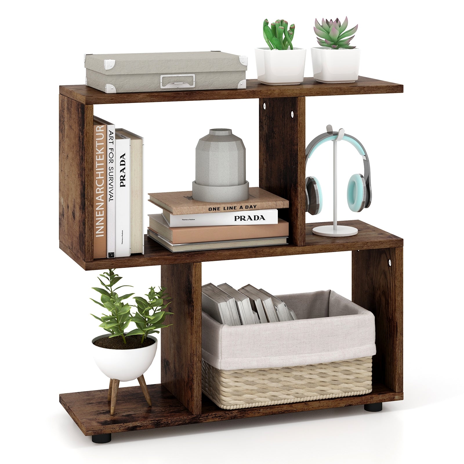 24 Inch 3-Tier Geometric Bookshelf, Brown Bookcases Brown at Gallery Canada