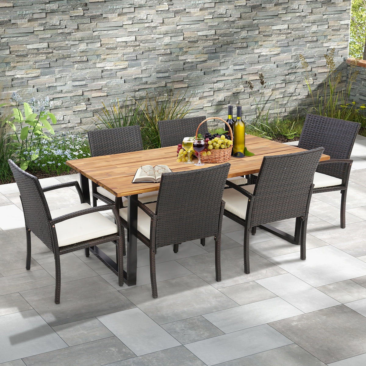 7 Piece Patio Rattan Dining Set, L-Shaped Handrail, Umbrella Hole Patio Dining Sets at Gallery Canada