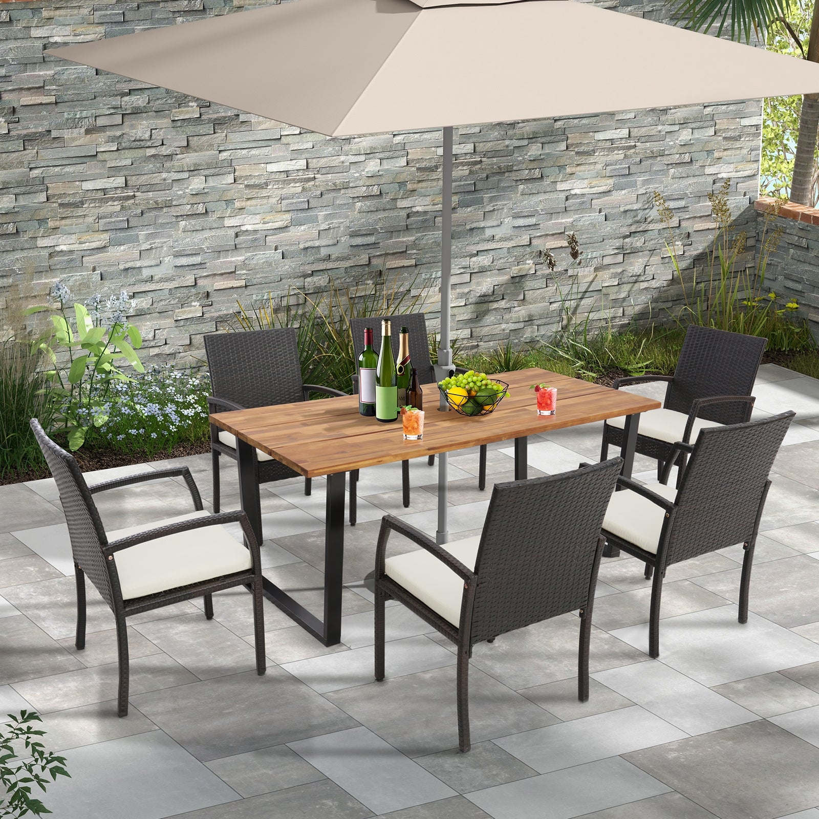 7 Piece Patio Rattan Dining Set, L-Shaped Handrail, Umbrella Hole Patio Dining Sets at Gallery Canada