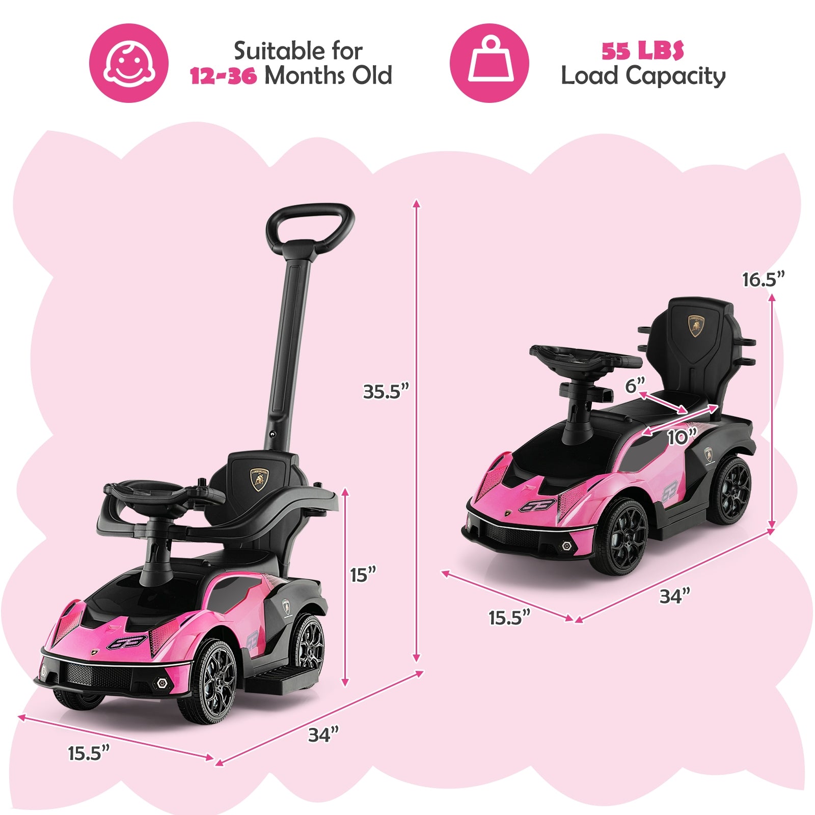 3-In-1 Lamborghini Ride On Push Car, Pink Push & Pedal Ride On Toys at Gallery Canada