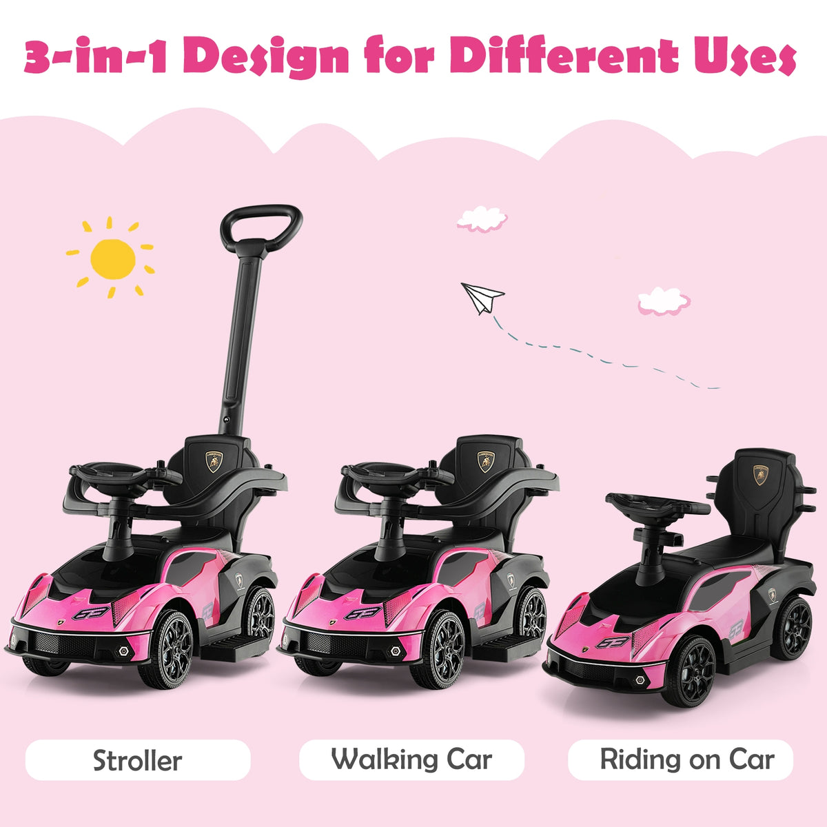 3-In-1 Lamborghini Ride On Push Car, Pink Push & Pedal Ride On Toys at Gallery Canada